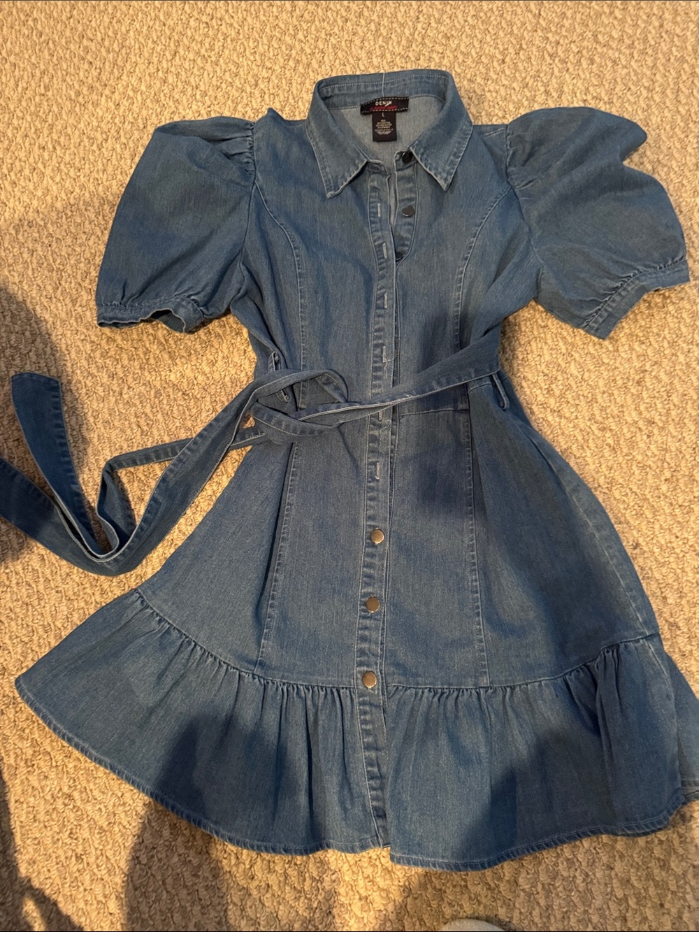Denim Puff-Sleeve Shirt Dress with Waist Tie - Blue